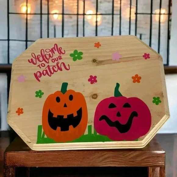 Fall/Halloween Hand Crafted Wooden Sign Featuring Pink and Orange Pumpkin Design - Picture 5 of 5